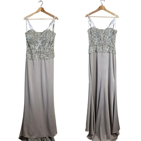 Montage by Mon Cheri Dresses & Skirts - NWOT Montage by Mon Cheri Strapless Beaded Satin Gown Womens 12 Champage Sheer